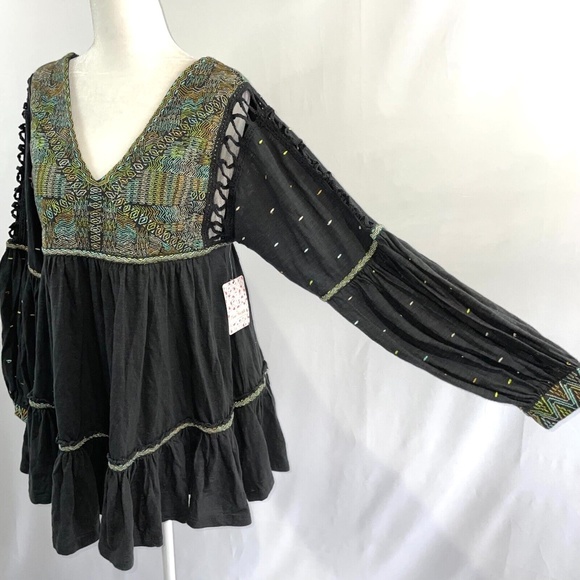 New Free People Much Love Embroidered Long Sleeve Tunic Top Washed Black Size XS - Picture 9 of 16